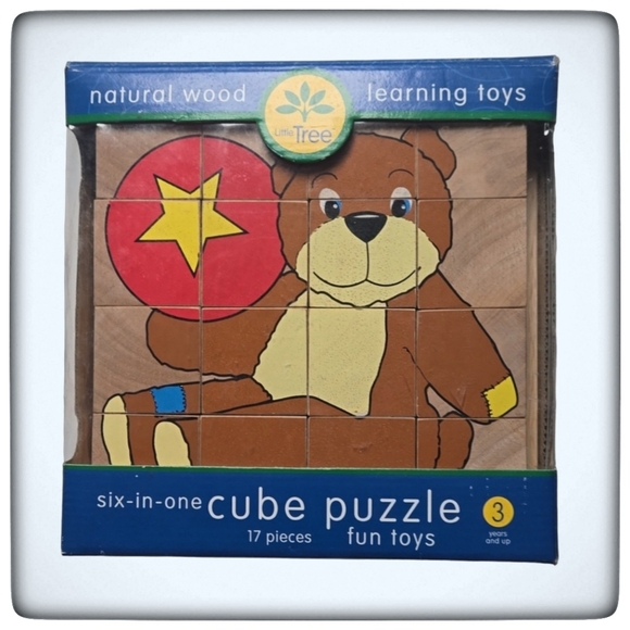 Vintage Six-In-One Natural Wood Cube Puzzle Learning Toy-17 Pieces-One Size - Picture 1 of 4